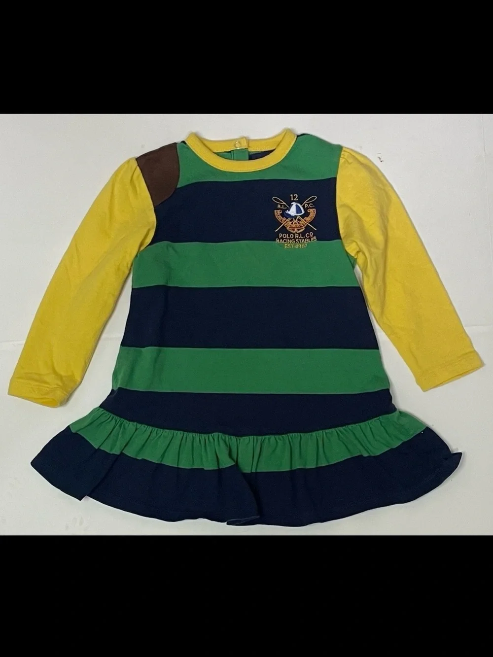 Ralph Lauren Navy, Green & Yellow Striped Crest Rugby Dress 24 months